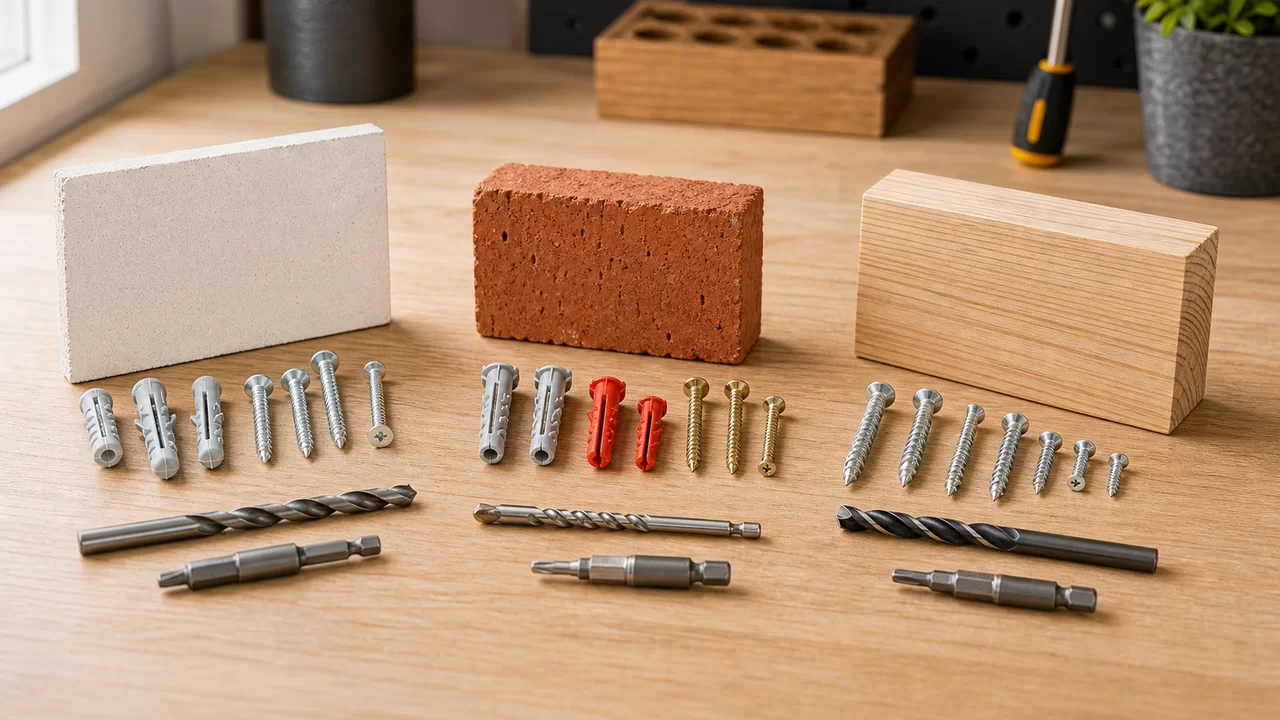 Materialproben mit passenden Bohrern, Dübeln und Schrauben