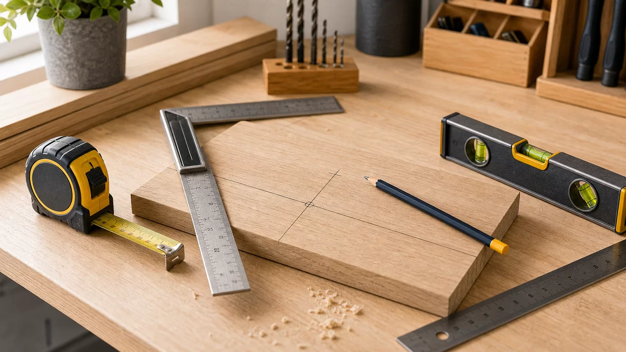 Markierte Holzplatte mit Winkel, Maßband und Wasserwaage