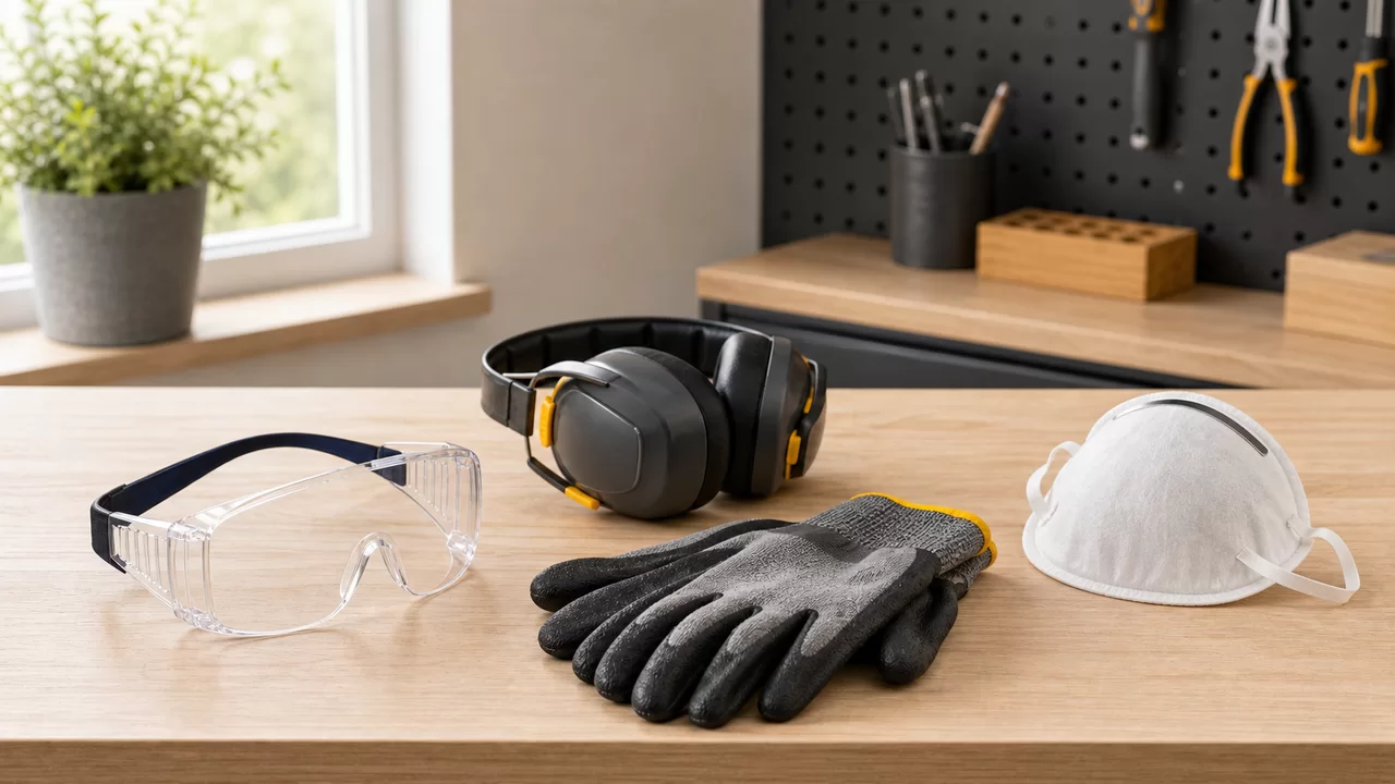 Schutzbrille, Gehörschutz, Handschuhe und Maske